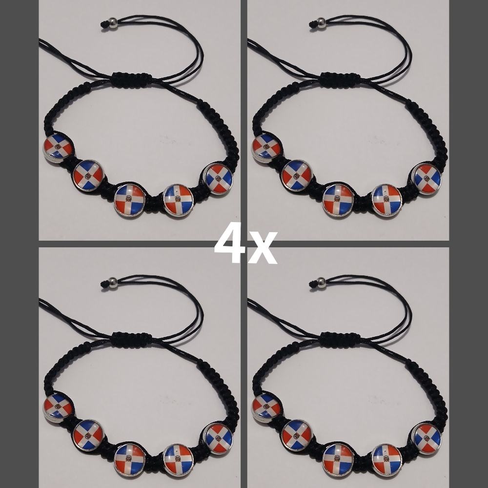 4x Handmade Dominican Flag  BlackRope  Cord Adjustable Bracelet Dominican